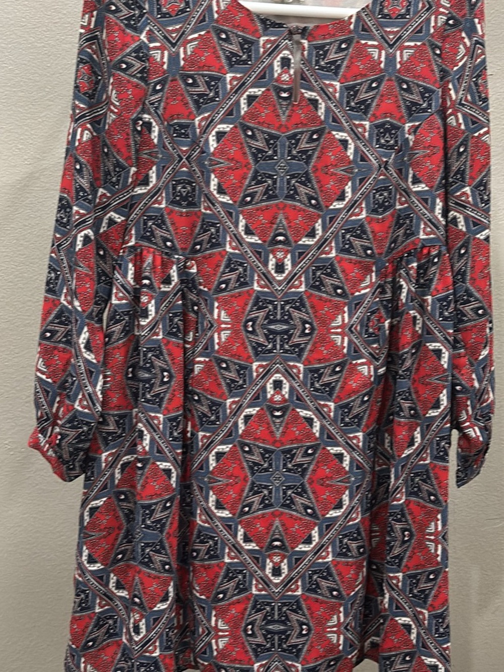 Paper Crown Long Sleeve Geometric Print Dress in Red and Blue